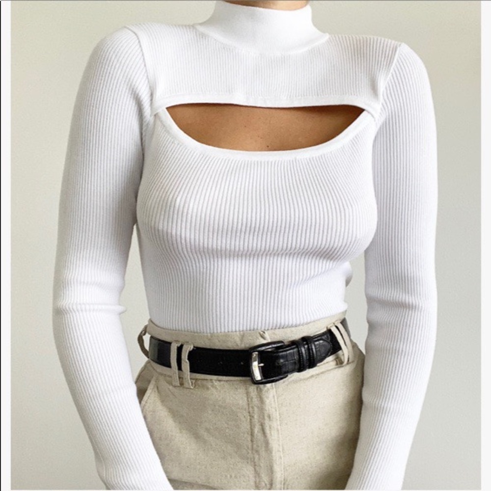 WHITE RIBBED LONG SLEEVE KEY HOLE SEXY BLOUSE TOP